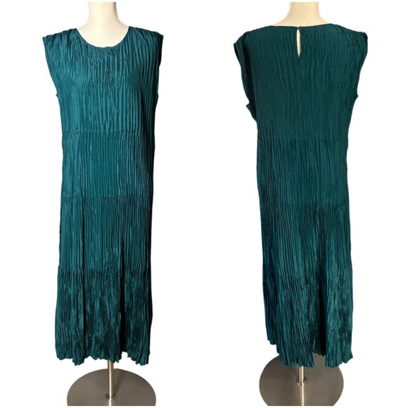 Eileen Fisher crinkle silk dress M medium Jewel Neck Tiered crushed teal aegean - Picture 4 of 9
